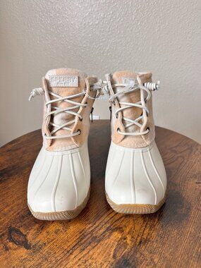 Sperry Duck Boots Waterproof Beige/Cream Lace-Up Winter Boots EUC